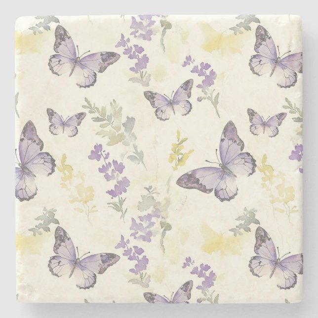 Violette Schmetterlinge Lavendel Blumen Steinuntersetzer (Vorderseite)