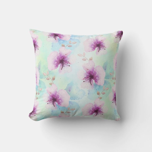 Violette Wasserfarben Blumen Kissen (Vorderseite)