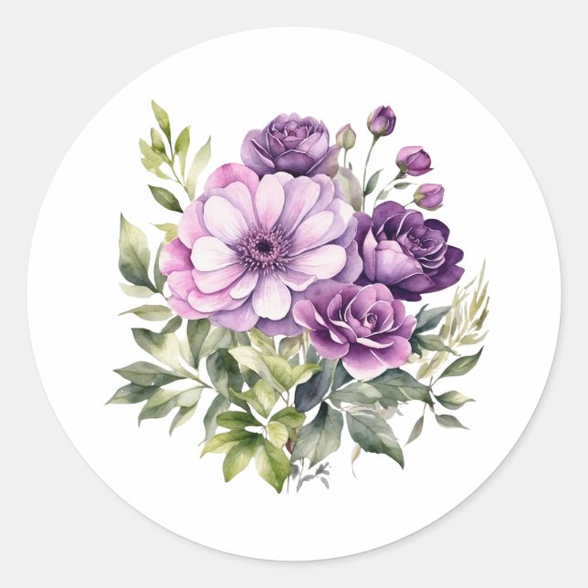 Violette Wasserfarben Blumen Runder Aufkleber (Vorderseite)
