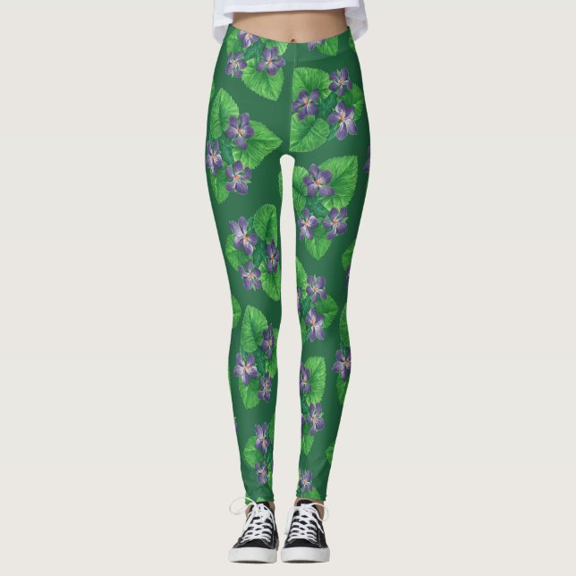 Violetten auf Smaragdgrün Leggings (Vorderseite)