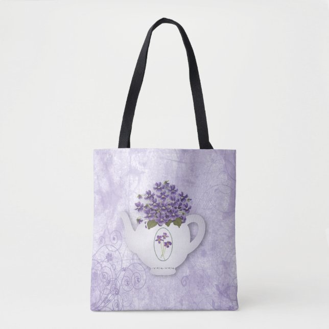 Violetten in Teekanne überall auf der Drucktüte Tasche (Vorderseite)