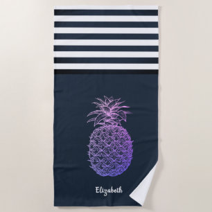 Violetter Ananas Nautical Navy Blau Gestreift Strandtuch