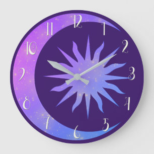Violetter Indigo Purpur Mond & Sonne Zen Große Wanduhr