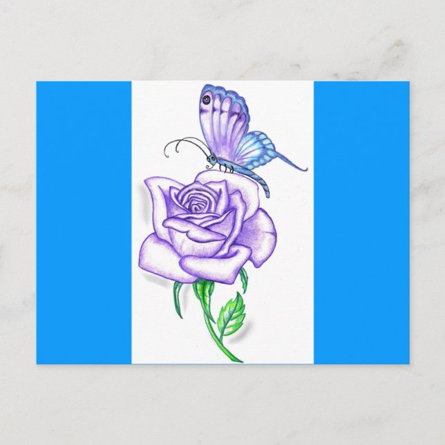 Violetter Schmetterling mit Rose Postkarte (Vorderseite)