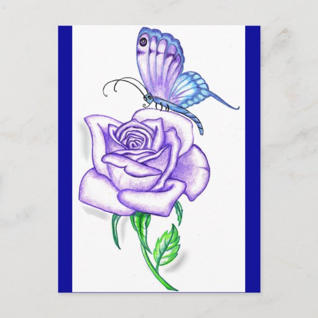 Violetter Schmetterling mit Rose Postkarte (Vorderseite)