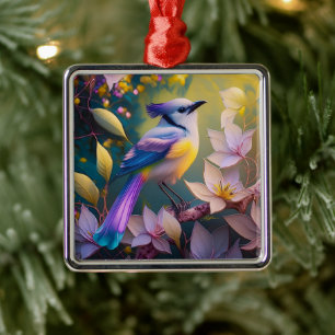 Violetter Tuffgelber Fantasie Vogel mit Brustschmu Ornament Aus Metall
