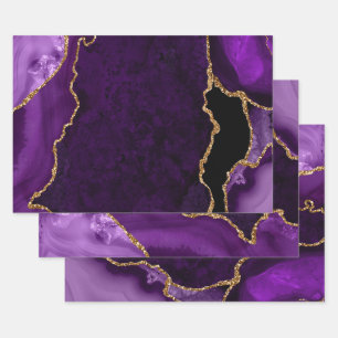 Violetter und goldener falscher Glitter-Achat Geschenkpapier Set