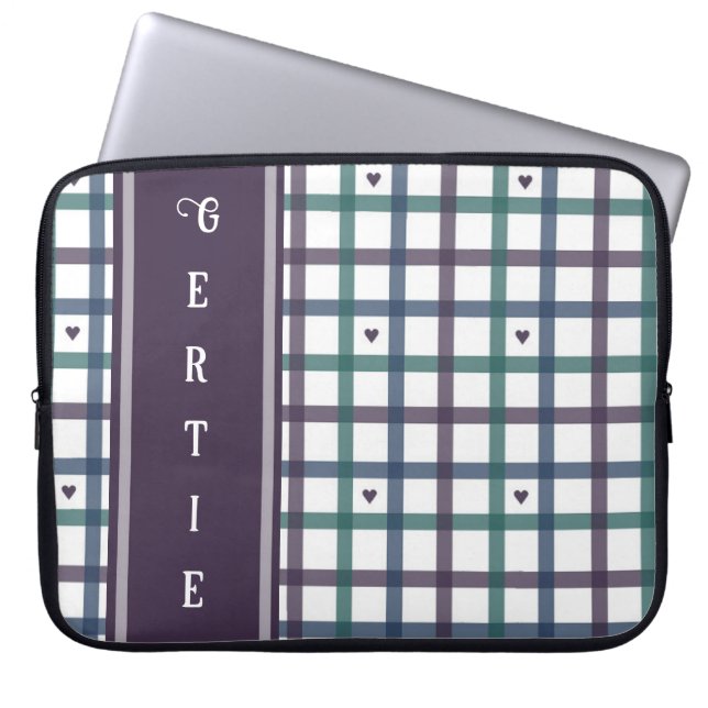 Violettes Herz-Gingham Laptopschutzhülle (Vorderseite)