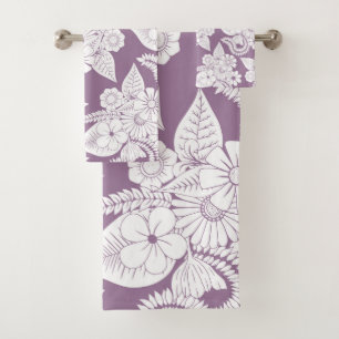 Violettes lila lila und weißes Blumen- und Blätt Badhandtuch Set