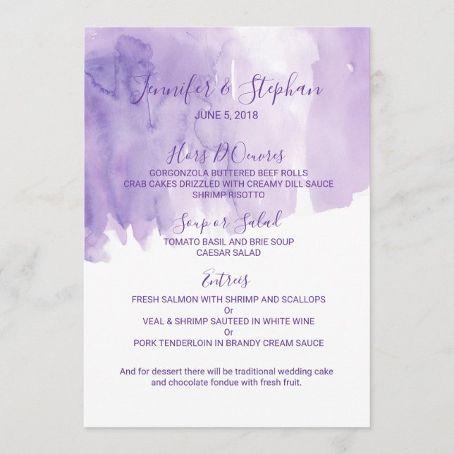 Violettes lila Watercolor-Spritzen-Hochzeits-Menü Menükarte (Vorderseite)