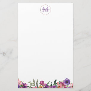 Violettes rosa und blaues Blumengrenzmonogramm Briefpapier