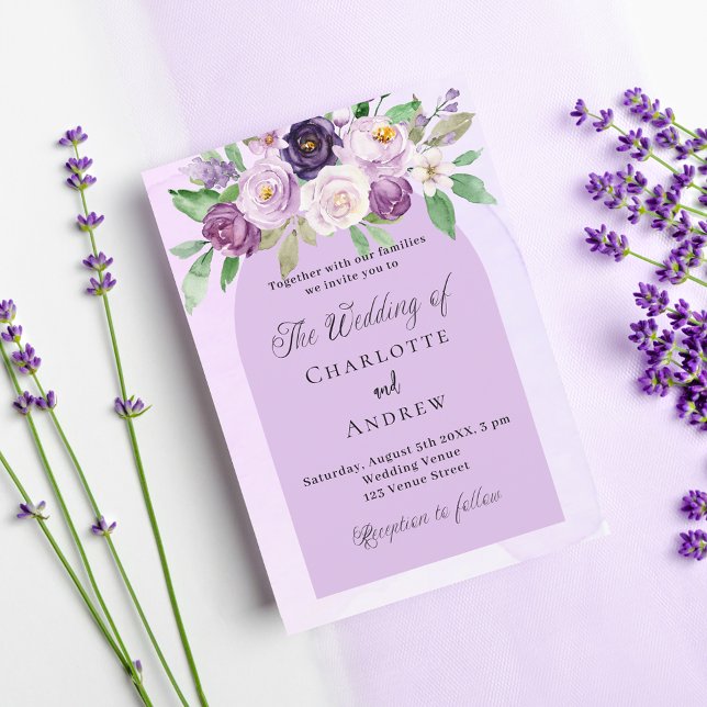 Violettflorale lila Hochzeit Einladungspostkarte (Von Creator hochgeladen)