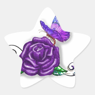 Violettschmetterling und Rose Stern-Aufkleber