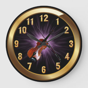 Violin~Classy Black Gold & Lila Glow Background~ Große Wanduhr