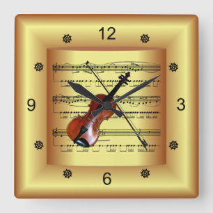 Violin ~ Curved Sheet Music ~ Gold Background ~  Quadratische Wanduhr