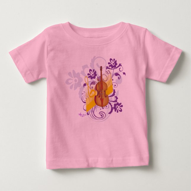 Violin Floral Swirl Rosa Kleinkind Ruffle T-Shirt (Vorderseite)