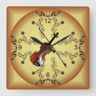 Violin ~ Musical Scroll ~ Golden Background ~ Quadratische Wanduhr