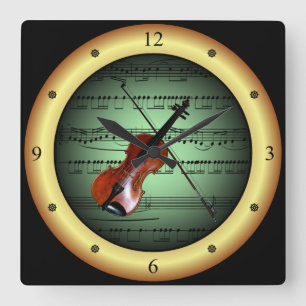 Violin on Sheet Music ~ Green on Gold Background ~ Quadratische Wanduhr