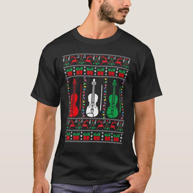 Violin Ugly Weihnachts Sweater Violinist Xmas Fami T-Shirt (Vorderseite)