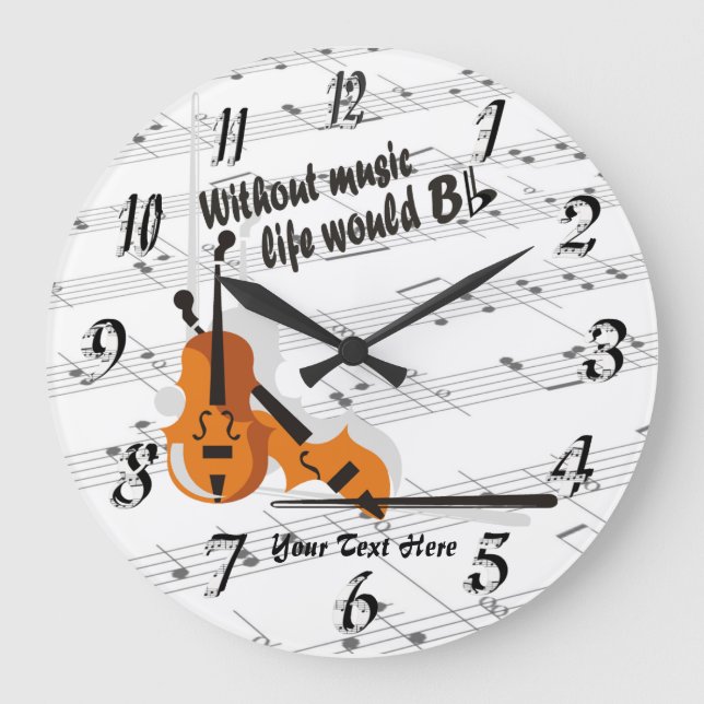 Violin - Without Music Life Would b Flat Clock Große Wanduhr (Vorderseite)