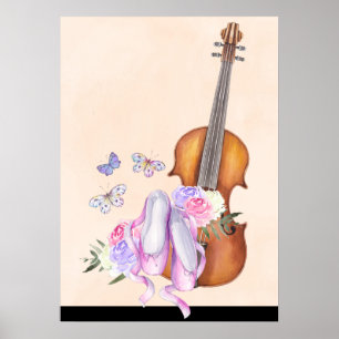Violine, Ballett-Schuhe, Blumen und Schmetterlinge Poster