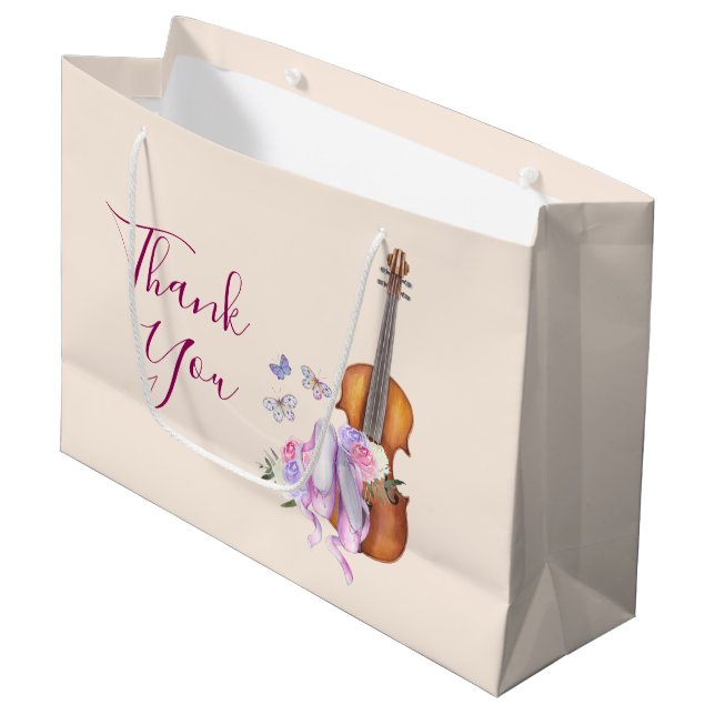 Violine, Ballettschuhe und Schmetterlinge Vielen D Große Geschenktüte (Vorderseite Schrägansicht)
