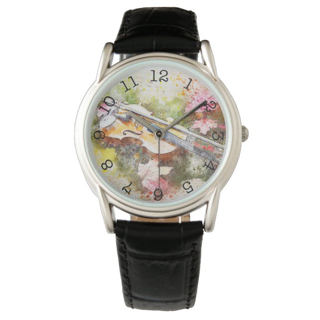 Violine - Kronenschutz, schwarze Lederuhr Armbanduhr (Vorderseite)