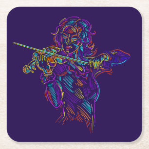Violine Player Abstrakt Neon Zeichnend Rechteckiger Pappuntersetzer
