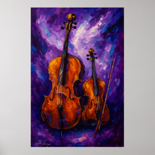 Violine und Cello vor violettem Hintergrund Poster
