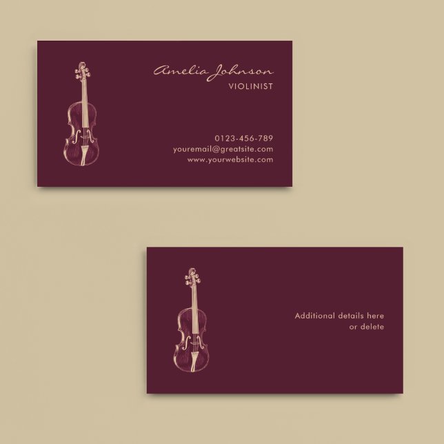 Violinist Burgundy Elegante Script Music Teacher Visitenkarte (Von Creator hochgeladen)
