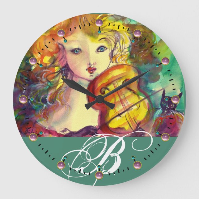 VIOLINISTISCHES MÄDCHEN, VIOLIEN UND CAT-MONOGRAMM GROßE WANDUHR (Vorderseite)