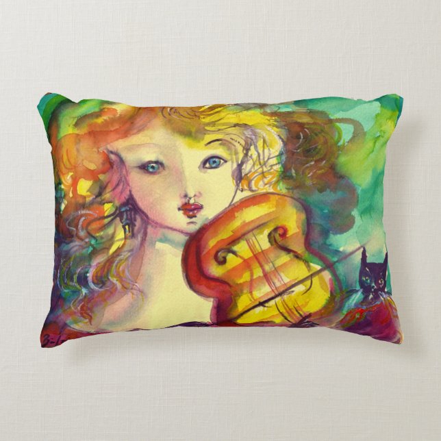 VIOLINISTISCHES MÄDCHEN, VIOLIEN UND KATZE DEKOKISSEN (Vorderseite)