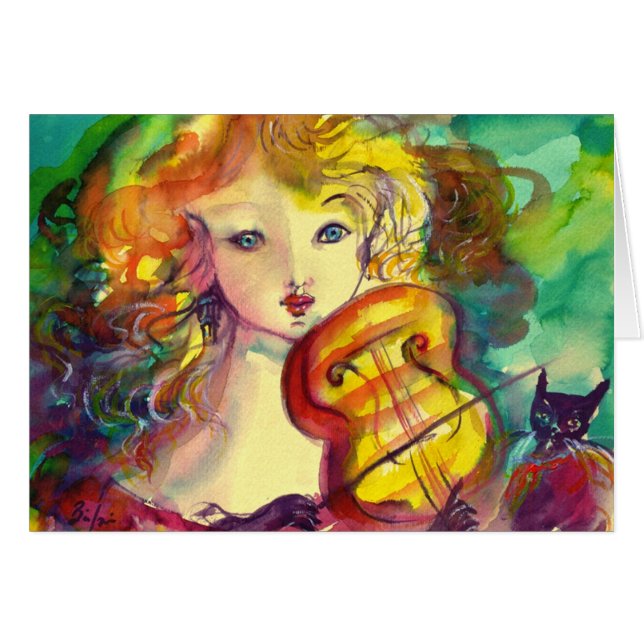 VIOLINISTISCHES MÄDCHEN, VIOLIEN UND KATZE Muttert (Vorderseite (Horizontal))