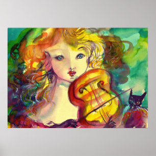 VIOLINISTISCHES MÄDCHEN, VIOLIEN UND KATZE POSTER