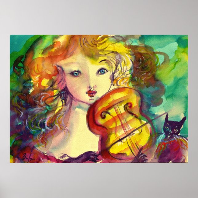 VIOLINISTISCHES MÄDCHEN, VIOLIEN UND KATZE POSTER (Vorne)