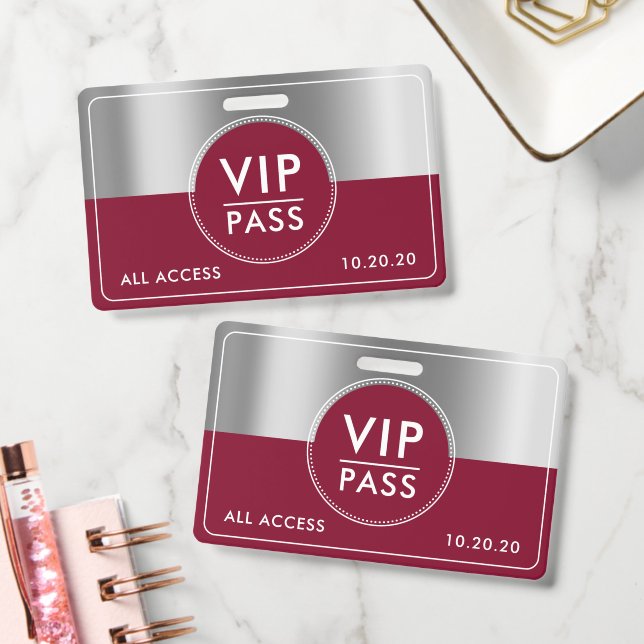 VIP All Access Event Metallic Silver Burgundy Ausweis (Office)