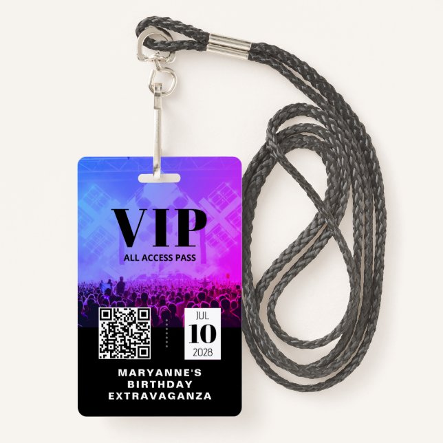 VIP Alle Access QR Code Geburtstag Ausweis (Vorderseite mit Schlüsselband)