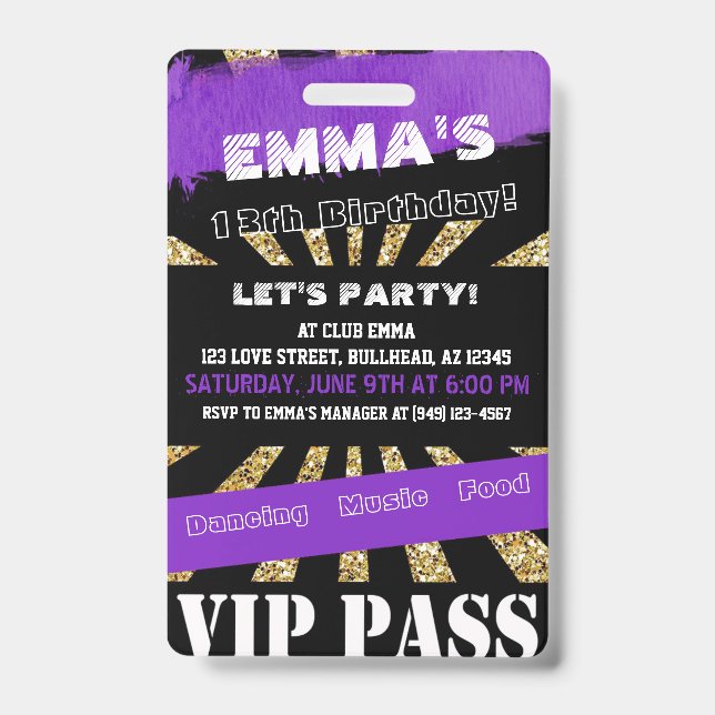 VIP Lila & Gold Eventpass Geburtstag Einladung Ausweis (Front)
