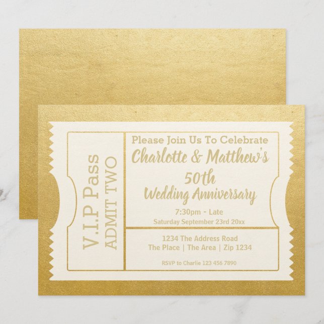 VIP Pass 50th Anniversary Ticket Imitate Gold Einladung (Vorne/Hinten)