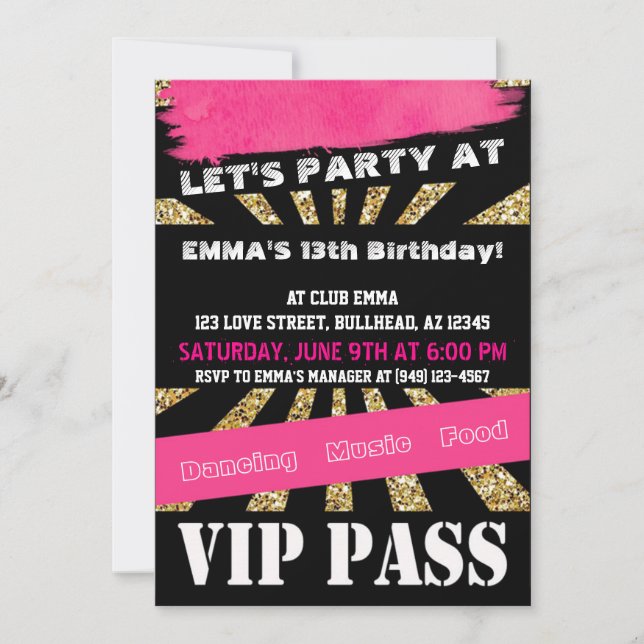 VIP PASS Girls Dance Party Sleepover Teenager Girl Einladung (Vorderseite)