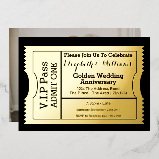 VIP Pass Golden Wedding Anniversary Ticket Folieneinladung (Vorderseite/Rückseite)