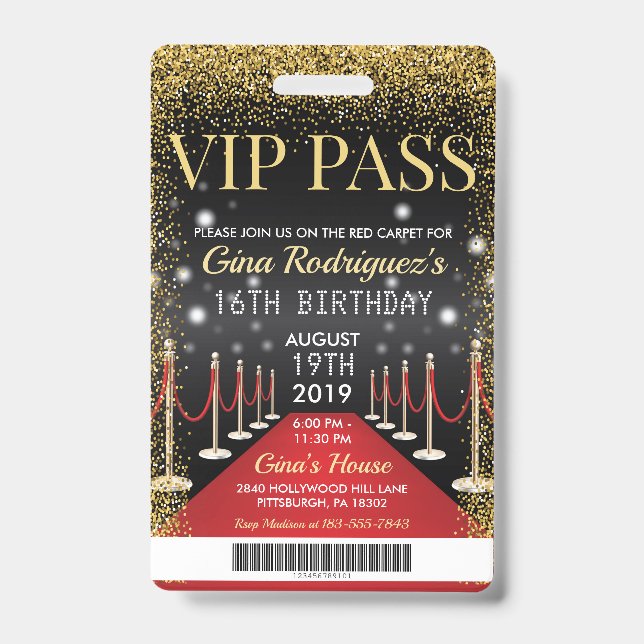 VIP Pass Hollywood Red Carpet Einladung zum Geburt Ausweis (Front)