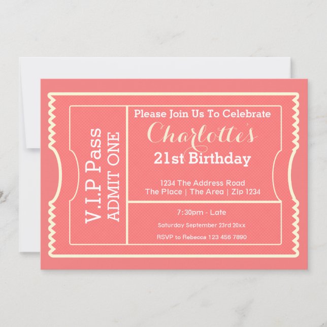 VIP Pass Party Eintrittskarte Rosa Einladung (Vorderseite)