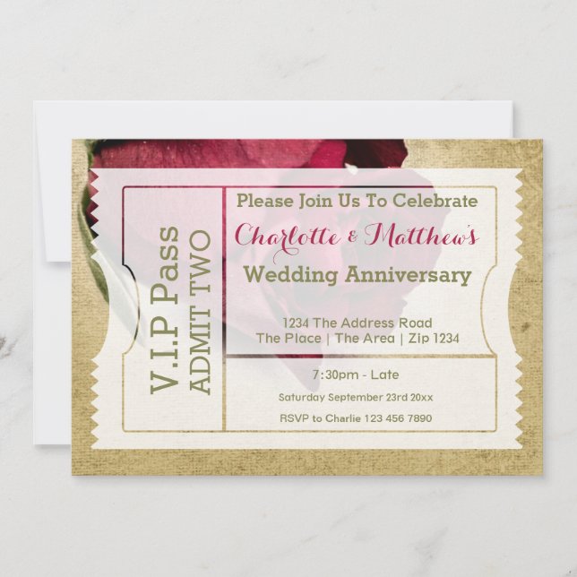 VIP Pass Party Ticket Rote Rose Einladung (Vorderseite)