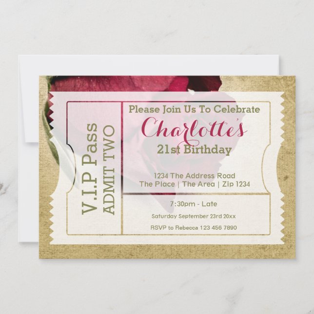 VIP Pass Party Ticket Rote Rose Einladung (Vorderseite)