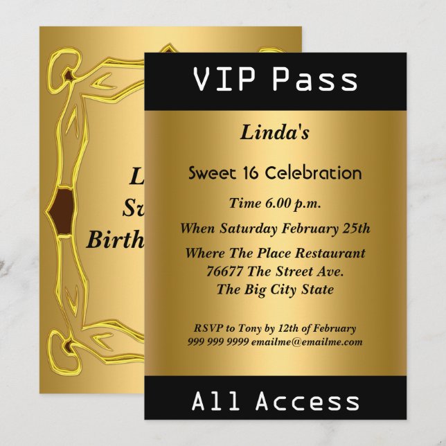 VIP Pass Sweet 16 Birthday Party Gold Einladung (Vorne/Hinten)
