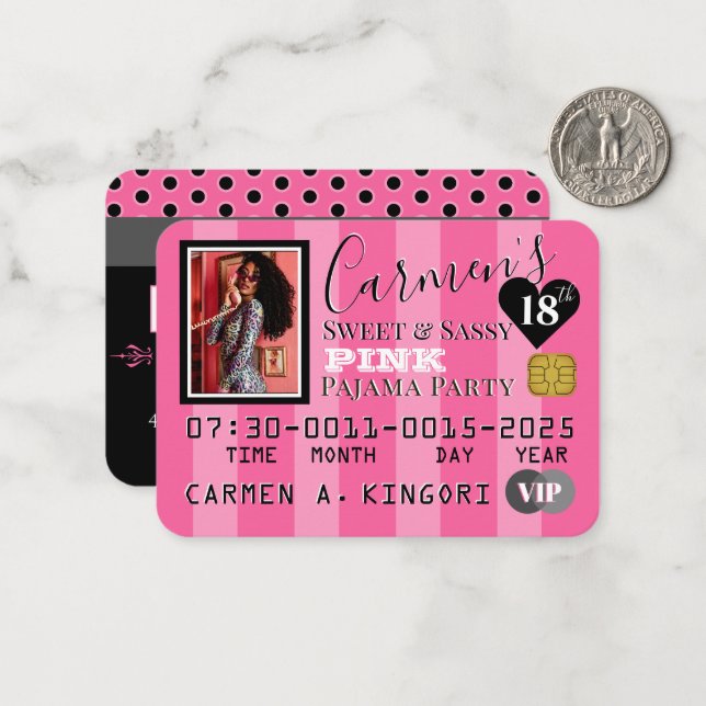 VIP Pink Stripes Photo Carte de crédit Invitation (Devant/Arrière en situation)