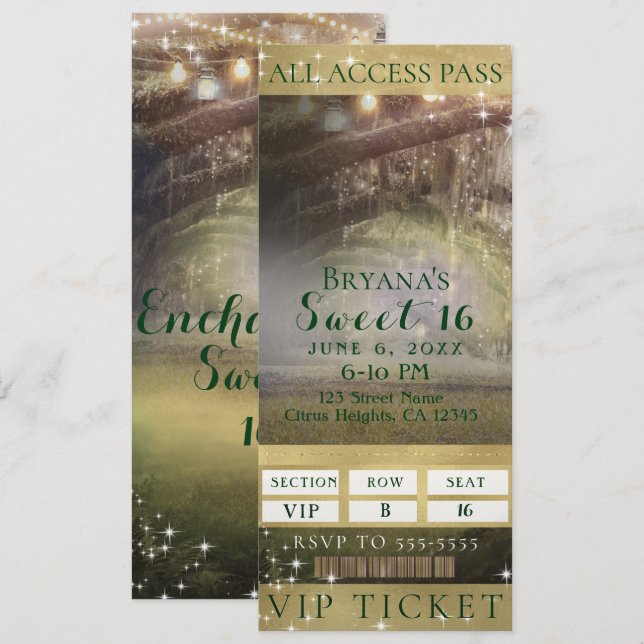 VIP Sweet 16 Party Ticket für verzauberte Waldlich Einladung (Vorne/Hinten)