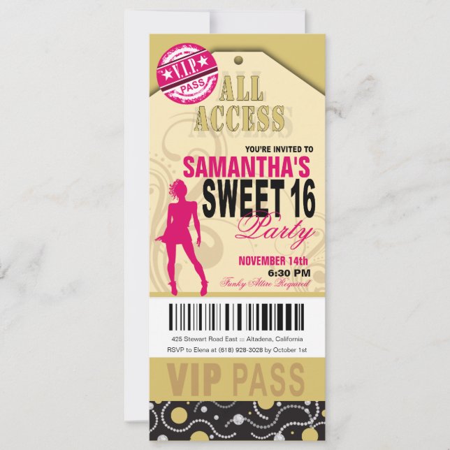 VIP Sweet 16 Ticket (fuschia khaki) Einladung (Vorderseite)