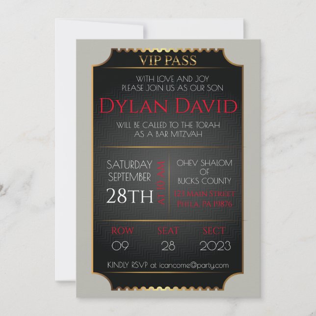 VIP-TICKET für Black and Gold Bat Bar Mitzvah Einladung (Vorderseite)